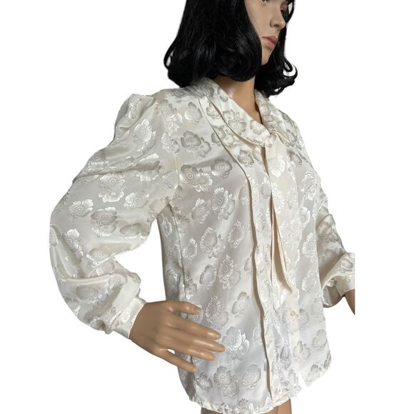Vintage JOZELL Puff Sleeve 80's cream floral print blouse with necktie size 9/10 - Picture 9 of 16